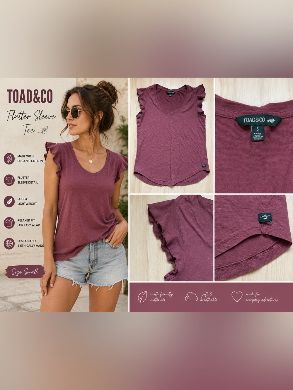 Toad&Co Flutter Sleeve Tee Mauve Pink Organic Cotton Casual Top Women’s Small